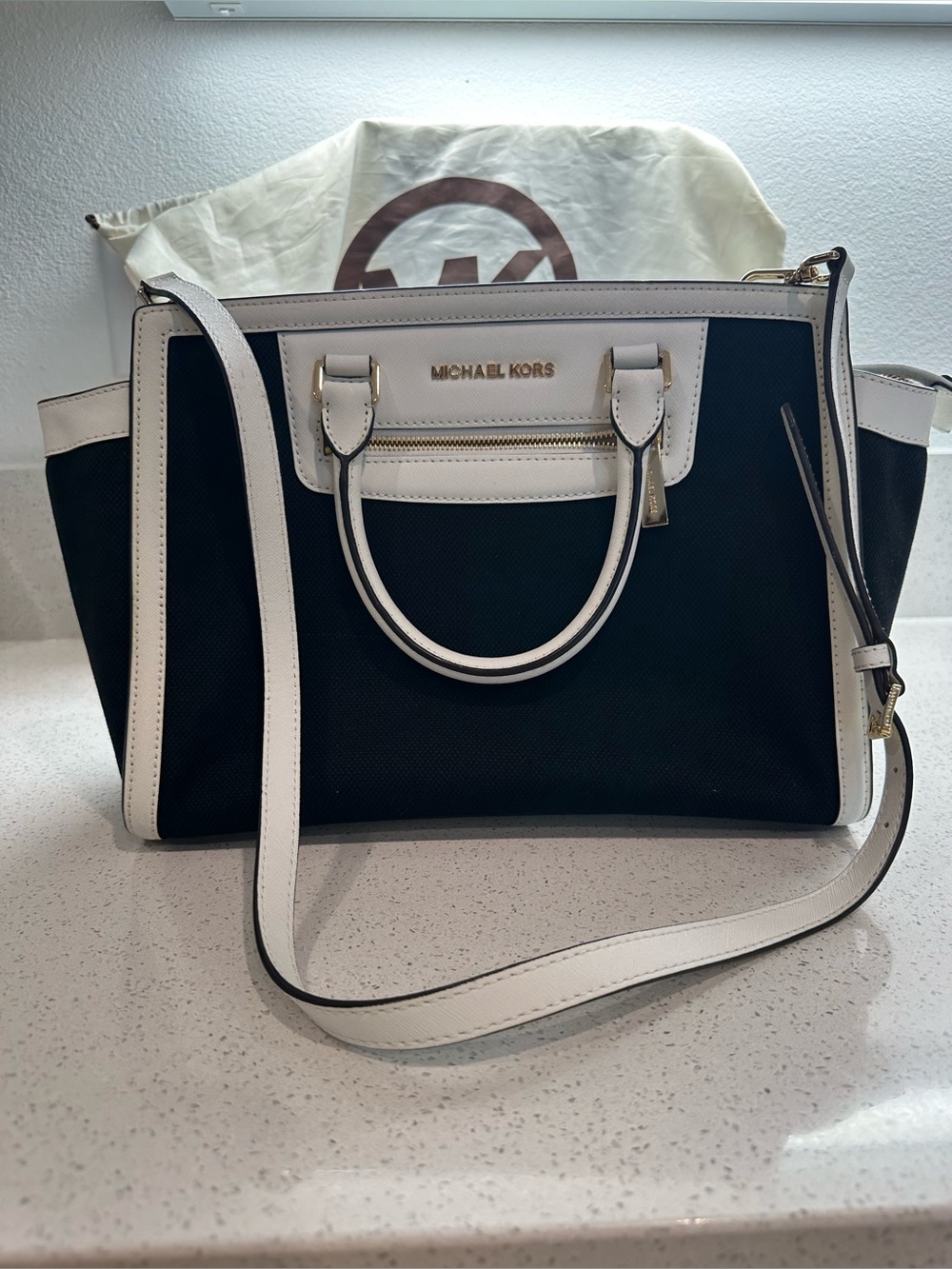 Michael Kors Black and White Satchel Tote with Gold Logo